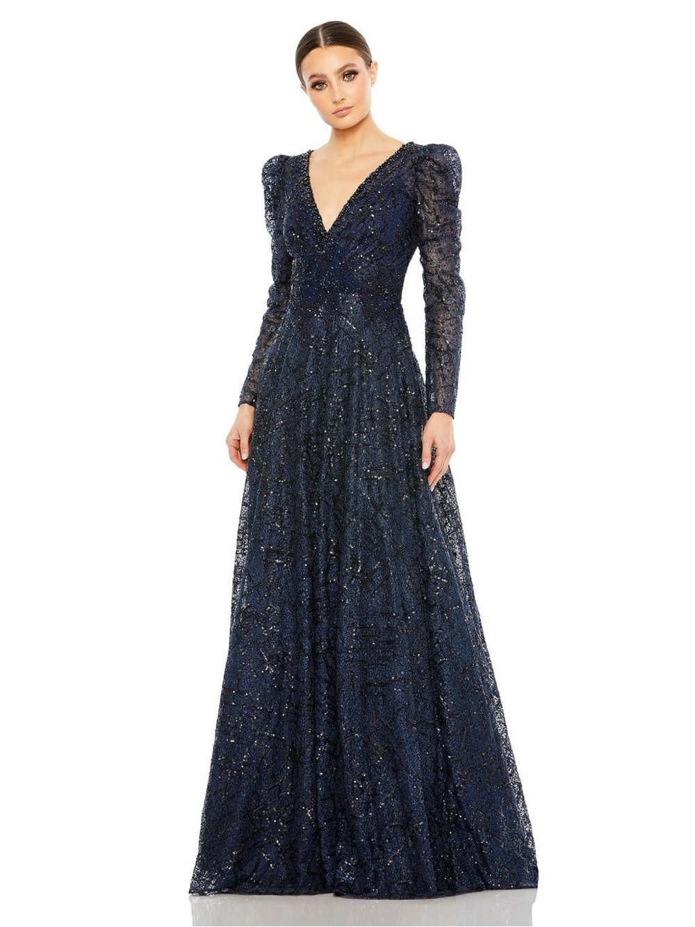 Mac Duggal Embellished V Neck Long Sleeve A Line Gown